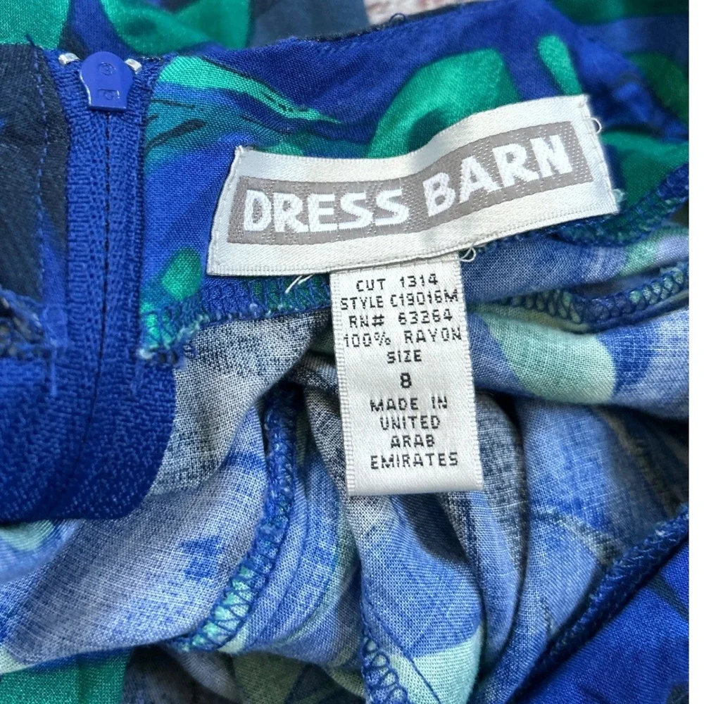 VTG Dress Barn Maxi Dress Women Size 8 Blue Green Tropical Leaf Cross Back Rayon - Picture 3 of 6